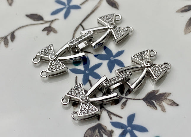 11x33mm 925 Sterling Silver Double Bow Tie Shape Multi Strand Clasp Genuine 925 Sterling Silver Finding Clasps w/CZ DIY Jewelry #10123