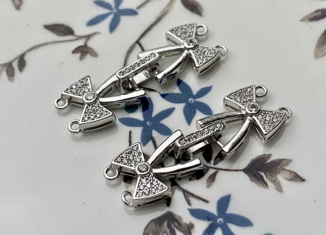 11x33mm 925 Sterling Silver Double Bow Tie Shape Multi Strand Clasp Genuine 925 Sterling Silver Finding Clasps w/CZ DIY Jewelry #10123