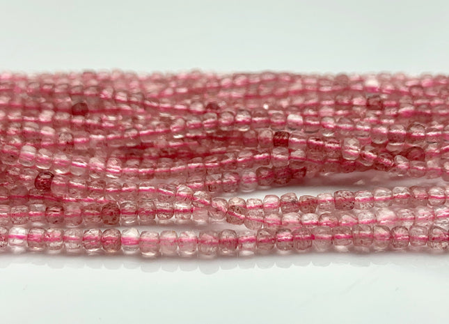 2.5 mm Micro Faceted Cube Dice Square Shape Strawberry Quartz Beads Genuine Diamond Cut Pink Color Gemstone Beads 15.5 Inches #3549