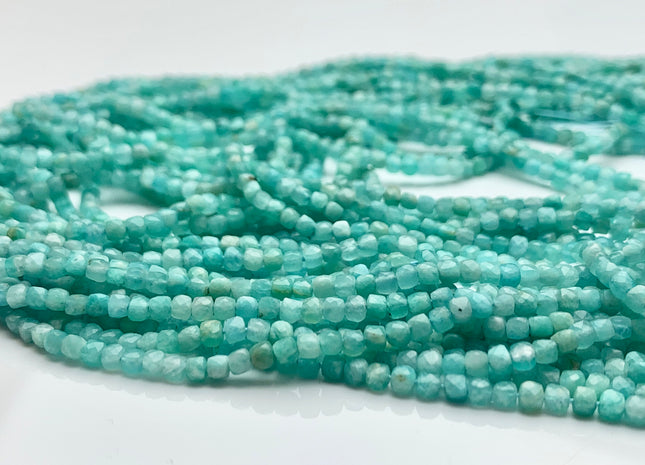 2.5 mm Micro Faceted Cube Dice Square Shape Amazonite Beads Genuine Diamond Cut Natural Blue Green Tiny Gemstone Beads 15.5 Inches #3544