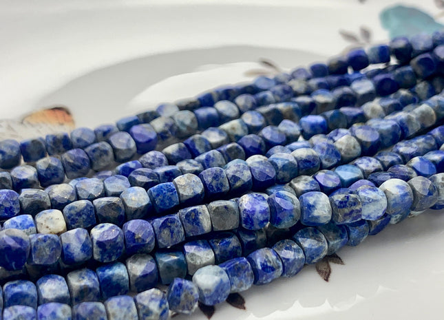 4 mm Micro Faceted Cube Dice Square Shape Blue Lapis Beads Genuine Diamond Cut Natural Blue Color Tiny Gemstone Beads 15.5 Inches #3550