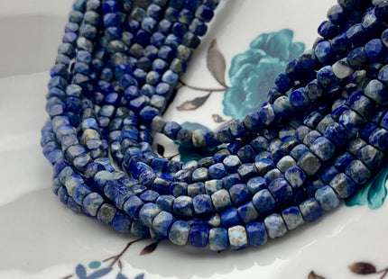 4 mm Micro Faceted Cube Dice Square Shape Blue Lapis Beads Genuine Diamond Cut Natural Blue Color Tiny Gemstone Beads 15.5 Inches #3550