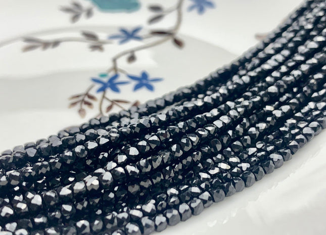 2-2.5mm 4mm Micro Faceted Cube Dice Square Shape Black Spinel Beads Genuine Diamond Cut Sparkle Black Tiny Gemstone Beads 15.5 Inches #3546