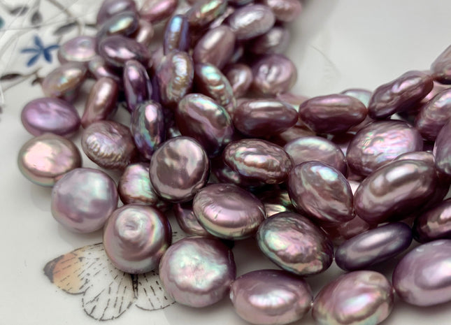 12mm AAA Half Strand Natural Dark Mauve Purple Pink Thick Coin Freshwater Pearl Beads Genuine High Luster Coin Pearl 14 Beads #P1340