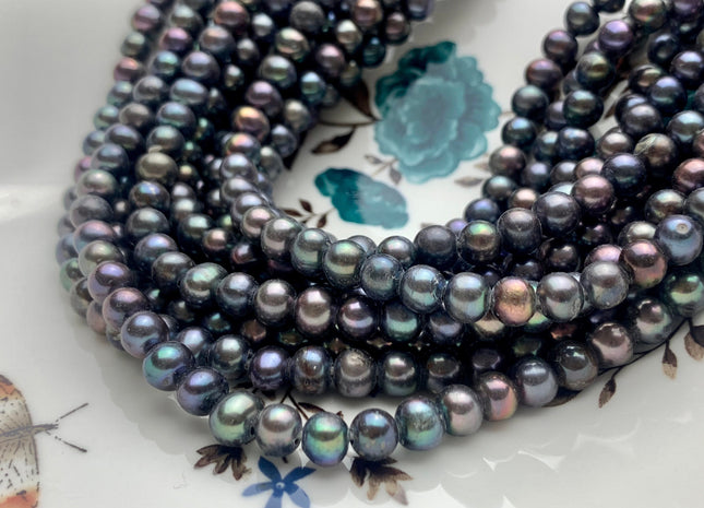 6-7 mm Peacock Large Hole Potato Freshwater Pearls Hole Size 1.8 mm Genuine Cultured Freshwater Pearl Beads Full Strand 63 Pieces #P1229