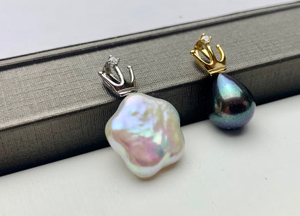 One Piece 925 Sterling Silver/Gold Pendant Setting Finding For Half Drilled Pearl Genuine Sterling Silver W/CZ Crown Shape Pendant #10088