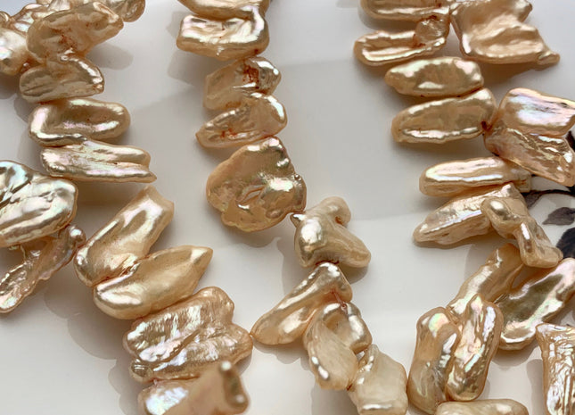 15-25 mm AA Light Beige Champagne Biwa Stick Freshwater Pearl Beads Genuine Cultured High Luster Irregular Shape Biwa Pearl #P1350