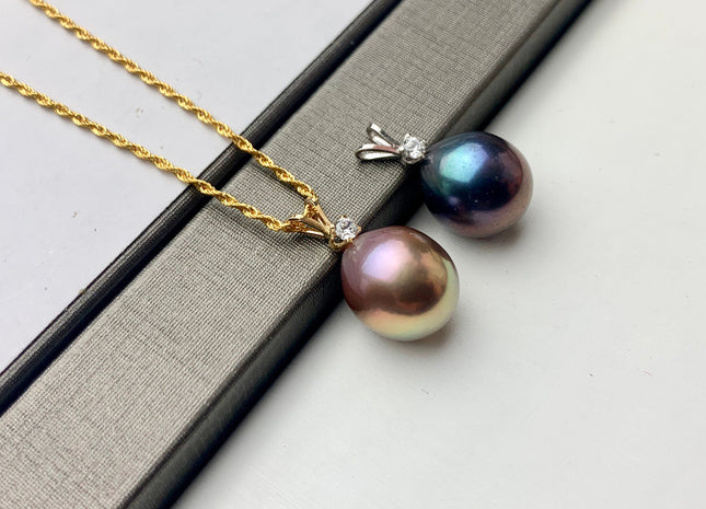 One Piece Genuine 18K Solid Yellow/White Gold Pendant Setting W/CZ For Half Drilled Pearl 18K Gold Pendant Pearl Mounting DIY Jewelry #10091