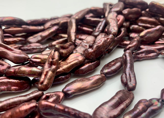 7-8x20 mm AA Cranberry Color With Gold Sheen Biwa Stick Freshwater Pearls Genuine Dark Purple Cranberry Biwa Stick Pearls #P1245