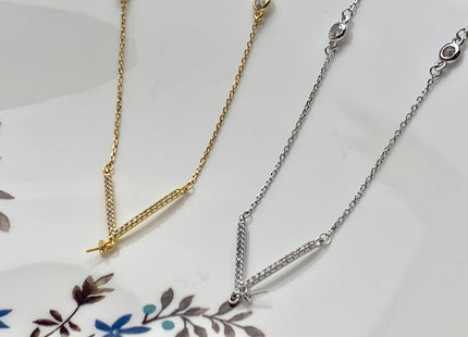925 Sterling Silver/Gold Necklace Chain With V Shape Design Pendant W/CZ Setting Finding For Half Drilled Pearl DIY Jewelry Necklace #10094