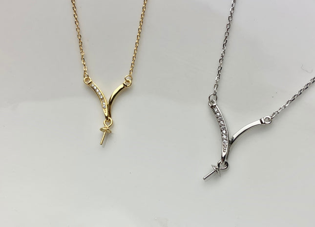 925 Sterling Silver/Gold Necklace Chain With Curved V Shape Design Pendant Setting Finding For Half Drilled Pearl DIY Jewelry Necklace#10096