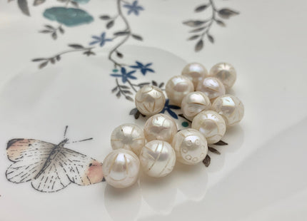 ONE Piece AAAA 9.5 mm Hand Carved Flower Bead Natural White UnDrilled Perfect Round Freshwater Pearl For Earring Pendant DIY Jewelry #P1258
