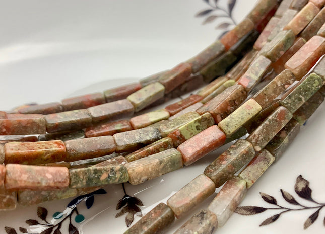 4-5x13 mm Cuboid Tube Shape Unakite Gemstone Beads Genuine Multi Pink Green Brown Color Loose Beads 15.5 Inches Strand #3539