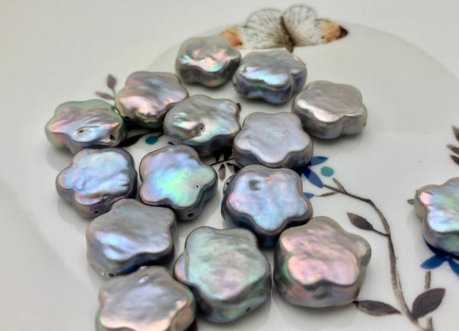 5 Pieces 14mm AAAA High Luster Gray Color Flower Coin Freshwater Pearls Genuine Gray Flower Shape Freshwater Thick Coin Pearls #P1375