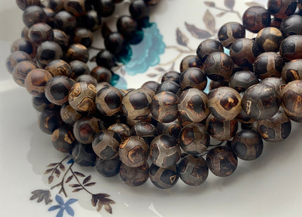 10 mm AAA DZI Tibetan Agate Faceted Round Black Brown Etched Agate Gemstone Matte Football Mala Antique Boho Beads 14 Inches #3029