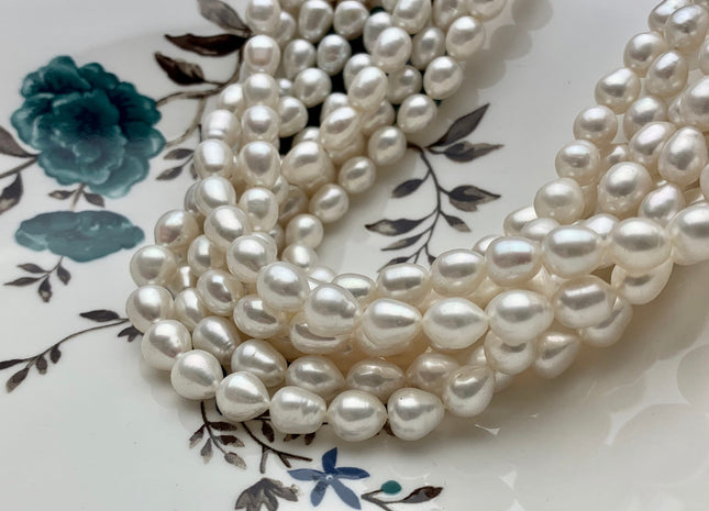 7x9 mm Half Strand Natural White Tear Drop Shape Rice/Oval Freshwater Pearls Genuine Freshwater Pearls 21 Beads #P1383