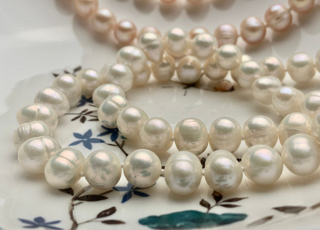 54 inches Knotted Necklaces made of 9mm Ringed Genuine Natural Freshwater Potato Pearls in Natural White Pink Color #72