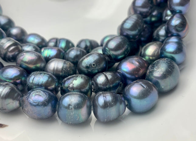 11.5x15-13-15x17mm Peacock Large Hole Half Strand Freshwater Rice/Oval Pearl Beads Hole Size 2.2mm Large Hole Pearl W/Ring 14 Pieces #P1309