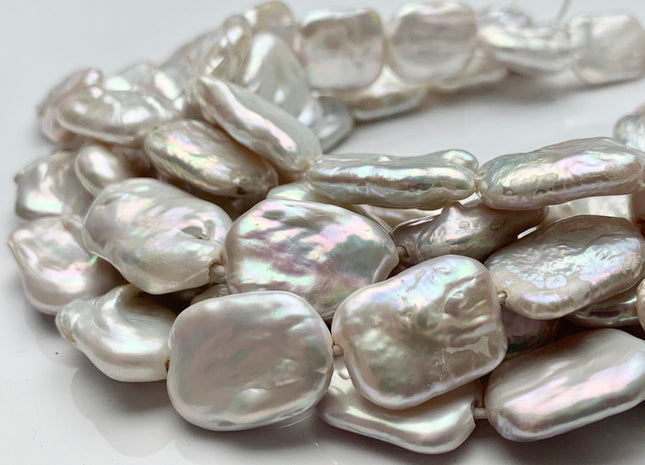 15-16x20-25mm Natural White Large Hole Rectangle Coin Freshwater Pearl Beads Hole Size 1.0mm Or 1.2mm Half Strand 9-10 Pieces #P1317