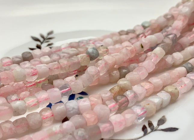4-5mm Micro Faceted Cube Dice Square Shape Pink Morganite Blue Aquamarine Genuine Morganite Diamond Cut Gemstone 15.5 Inches Strand #3560