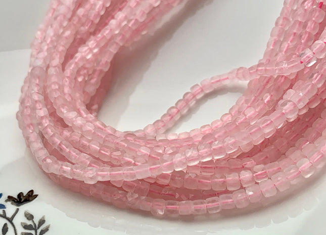 3-4 mm Micro Faceted Cube Dice Square Shape Rose Quartz Genuine Diamond Cut Pink Gemstone Beads 15.5 Inches 118 Pieces #3563