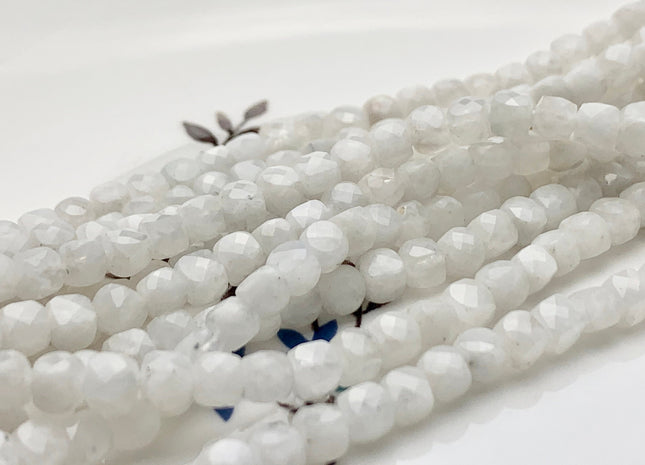 4.5-5 mm Micro Faceted Cube Dice Square Shape White Moonstone Genuine Diamond Cut White Color Gemstone Beads 15.5 Inches 92 Pieces #3561