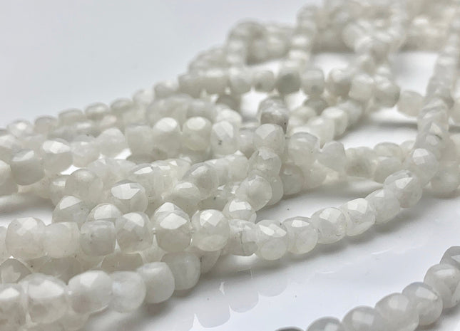 4.5-5 mm Micro Faceted Cube Dice Square Shape White Moonstone Genuine Diamond Cut White Color Gemstone Beads 15.5 Inches 92 Pieces #3561