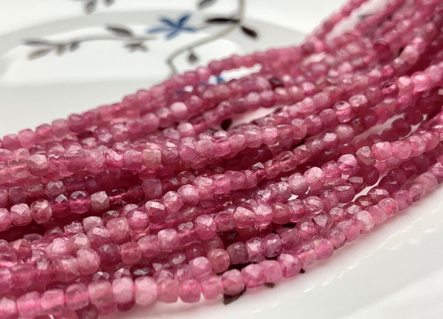 2.5-3 mm Micro Faceted Cube Dice Square Shape Pink Tourmaline Genuine Diamond Cut Pink Color Gemstone Beads 15.5 Inches 155 Pieces #3547