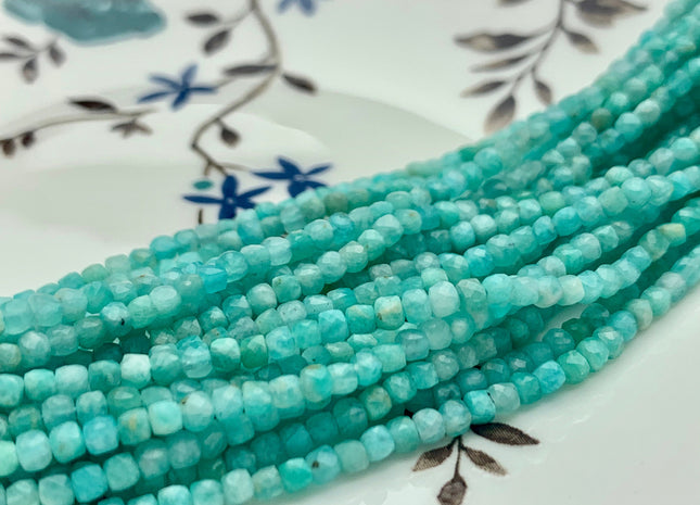 2.5 mm Micro Faceted Cube Dice Square Shape Amazonite Beads Genuine Diamond Cut Natural Blue Green Tiny Gemstone Beads 15.5 Inches #3544