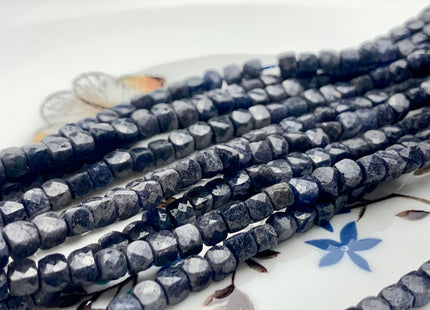 3.5 mm Micro Faceted Cube Dice Square Shape Blue Sapphire Beads Genuine Diamond Cut Natural Blue Color Gemstone Beads 15.5 Inches #3553