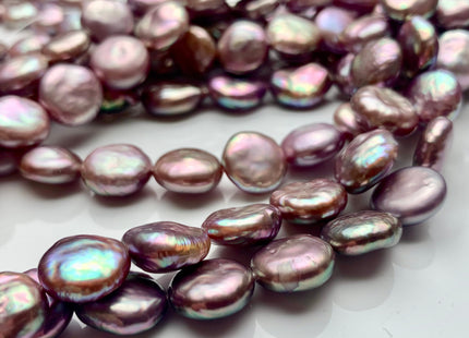 12mm AAA Half Strand Natural Dark Mauve Purple Pink Thick Coin Freshwater Pearl Beads Genuine High Luster Coin Pearl 14 Beads #P1340