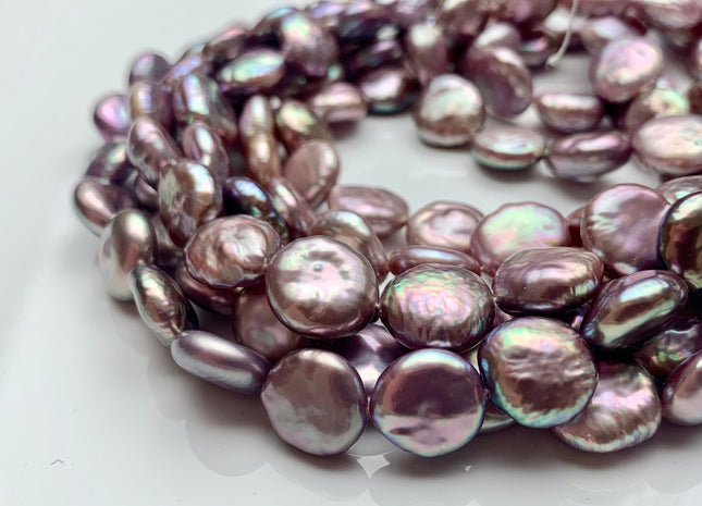 11-12mm AAAAA Half Strand Natural Dark Mauve Purple Pink Thick Coin Freshwater Pearl Beads Genuine High Luster Coin Pearl 16 Pieces #P1340