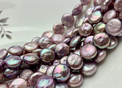12mm AAA Half Strand Natural Dark Mauve Purple Pink Thick Coin Freshwater Pearl Beads Genuine High Luster Coin Pearl 14 Beads #P1340