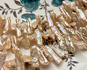 7 x 20-22 mm AA Light Beige Champagne Biwa Stick Freshwater Pearl Beads Genuine Cultured High Luster Rare Biwa Pearl 55 Beads #P1352