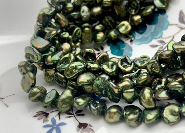 8-10 mm Dark Green Color Keshi Nugget Freshwater Pearl Beads Center Drilled Very Rare High Luster Keshi Nugget Pearl #P1364