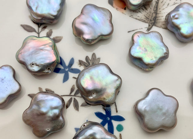 5 Pieces 14mm AAAA High Luster Gray Color Flower Coin Freshwater Pearls Genuine Gray Flower Shape Freshwater Thick Coin Pearls #P1375