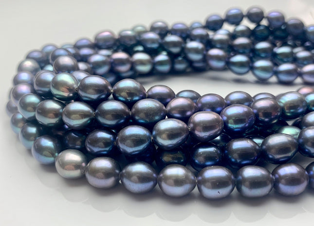 7.5-8x8-9 mm AAAA Top Quality Blue Peacock Color Oval/Rice Freshwater Pearls High Quality/Luster Blue Peacock Pearls 44-47 Pieces #P1415