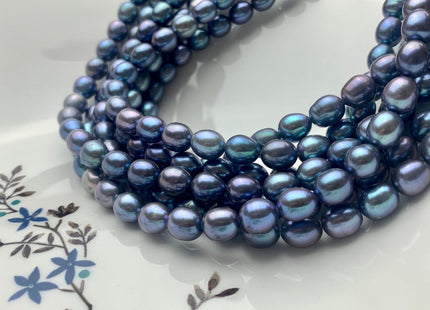 7.5-8x8-9 mm AAAA Top Quality Blue Peacock Color Oval/Rice Freshwater Pearls High Quality/Luster Blue Peacock Pearls 44-47 Pieces #P1415