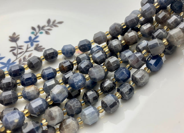 7x8mm Half Strand Faceted Energy Prism Cut Sapphire Gemstone Genuine Double Terminated Points Natural Blue Sapphire Beads 19-20 Pieces #3610