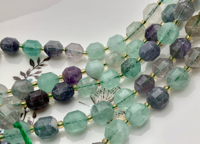 9x10mm AAA Half Strand Faceted Energy Prism Cut Fluorite Gemstone Genuine Double Terminated Points Natural Green Purple Gemstone Bead #3596