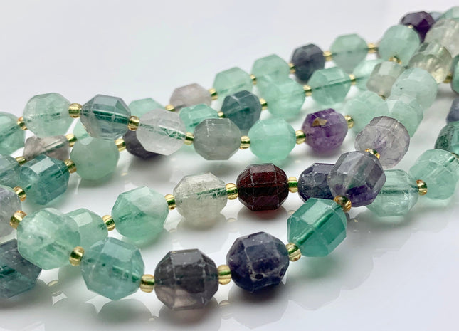 9x10mm AAA Half Strand Faceted Energy Prism Cut Fluorite Gemstone Genuine Double Terminated Points Natural Green Purple Gemstone Bead #3596