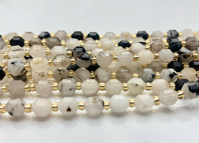 5x6mm Faceted Energy Prism Cut Rutilated Rutile Quartz Gemstone Genuine Double Terminated Points Black Color 15.5 Inches 48 Pieces #3615