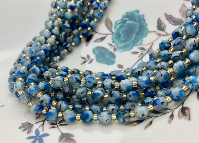 5x6mm Faceted Energy Prism Cut K2 Jasper Granite Gemstone Genuine Double Terminated Points Multi Blue Color 15.5 Inches 48 Pieces #3619