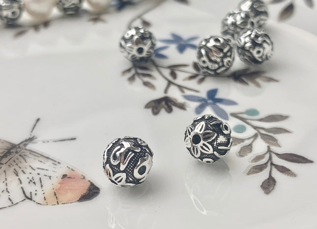 One Piece 8mm 10mm 12mm 925 Sterling Silver Tibetan Style Silver Spacer Ball Genuine Sterling Silver Large Hole Bali Antique Beads #10162