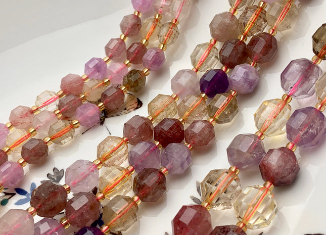7x8mm 9x10mm 11x12mm Half Strand Faceted Energy Prism Cut Super 7 Cacoxenite Amethyst Gemstone Double Terminated Points Pink Purple #3600