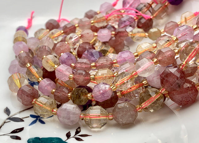 7x8mm 9x10mm 11x12mm Half Strand Faceted Energy Prism Cut Super 7 Cacoxenite Amethyst Gemstone Double Terminated Points Pink Purple #3600