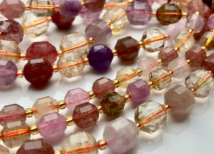 7x8mm 9x10mm 11x12mm Half Strand Faceted Energy Prism Cut Super 7 Cacoxenite Amethyst Gemstone Double Terminated Points Pink Purple #3600