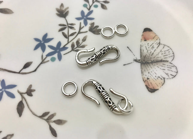 One Piece 8x20mm 925 Sterling Silver Hook Clasp Sterling Silver Finding Clasp Antique S Shape Silver Hook with Closed Jump Rings #10163