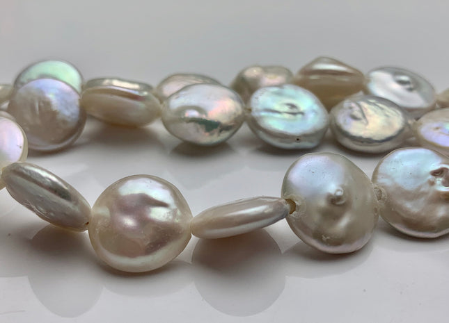 15 mm AAA Half Strand Natural White Large Hole Thick Coin Freshwater Pearl Hole Size 2.1 mm Genuine Large Hole Coin Pearl 13 Pieces #P1463