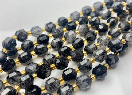 7x8mm AAA Half Strand Faceted Energy Prism Cut Black Rutilated Rutile Quartz Gemstone Genuine Double Terminated Points Black Quartz #3622